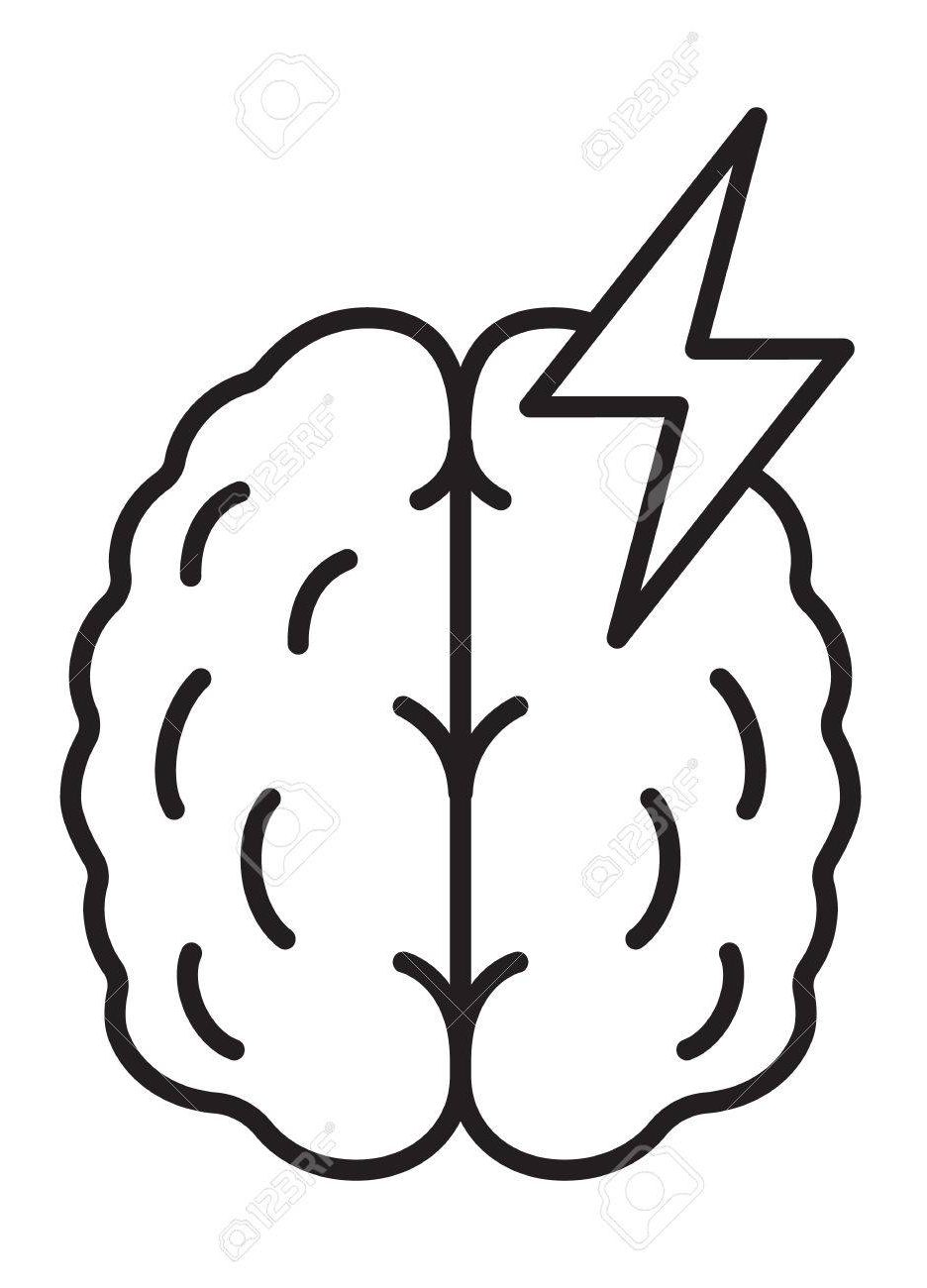 Stroke linear icon. Thin line illustration. Human brain with lightning. Cerebral hemorrhage contour symbol. Vector isolated outline drawing